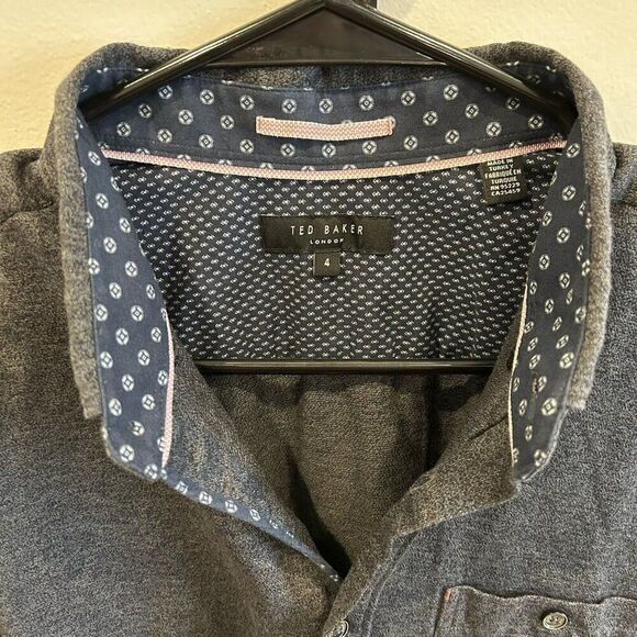 TED BAKER LONDON Long Sleeve Button Up Heather Charcoal Contrasting Trim Size 4 - Picture 3 of 11